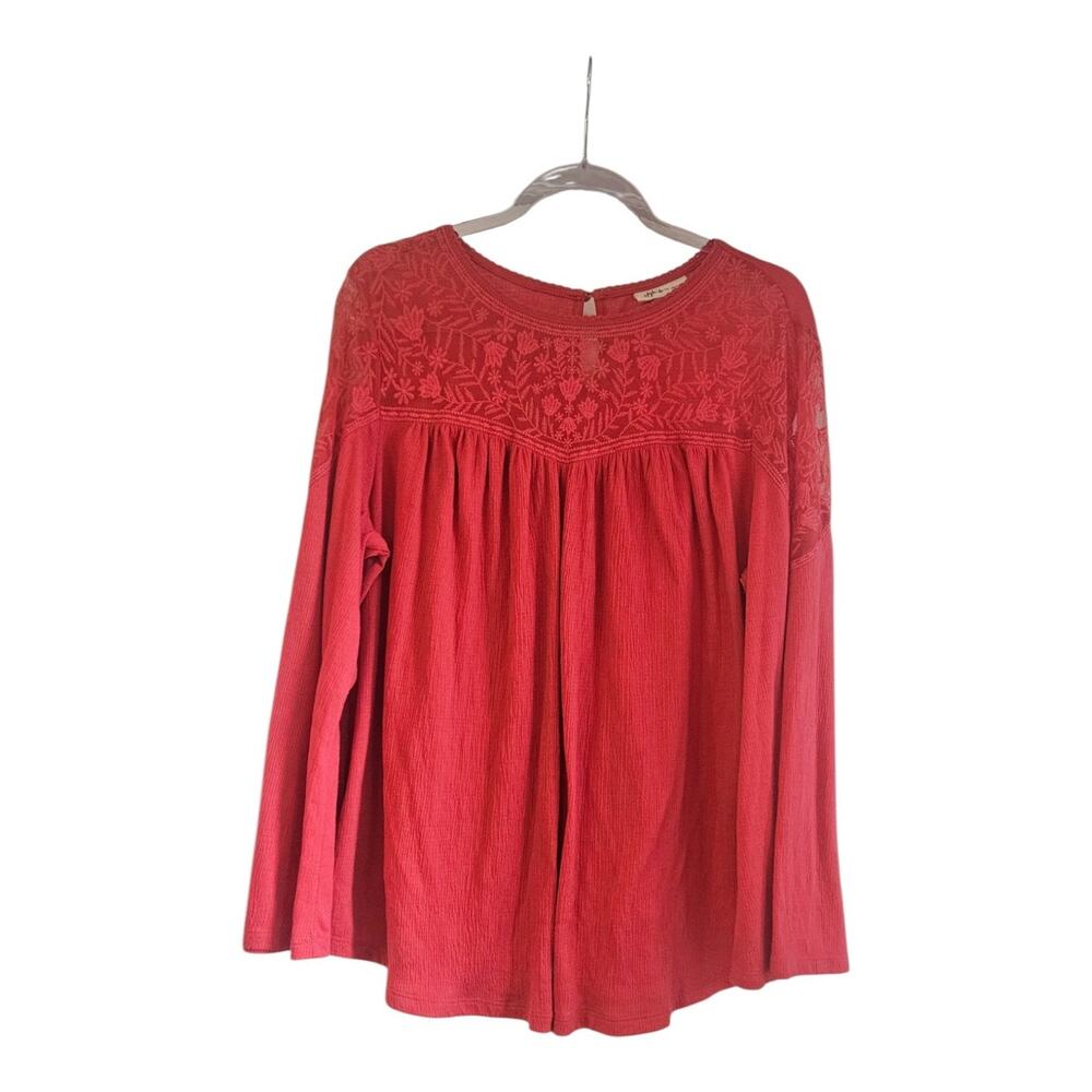 Style & Co. Plus 1X Coral Embroidered Lace Yoke Knit Top Wide Sleeves Gauzy L/S